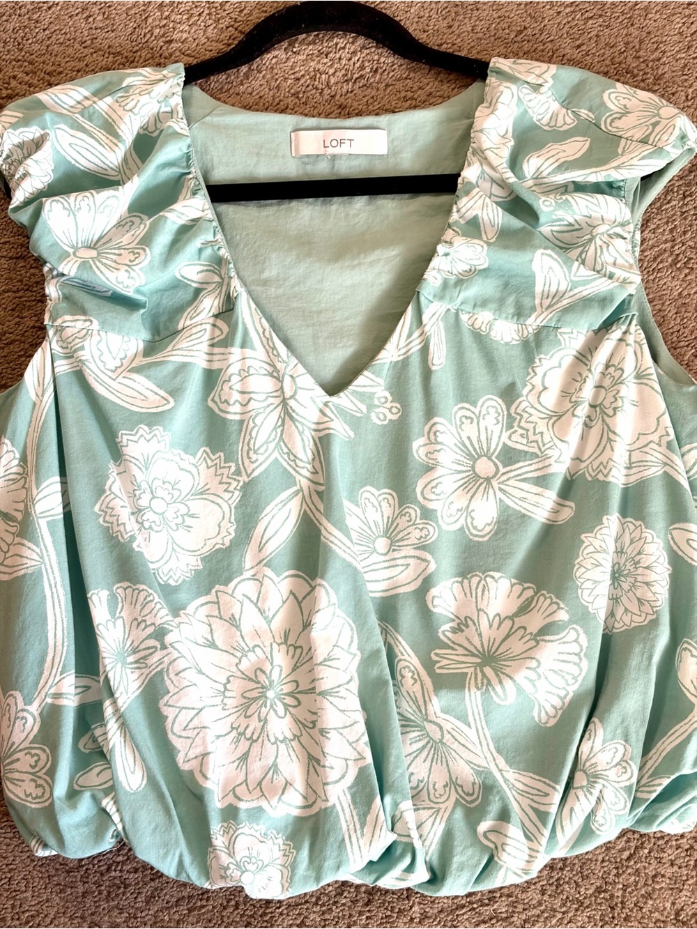 LOFT Mint Green Floral V-Neck Ruffle Sleeve Blouse